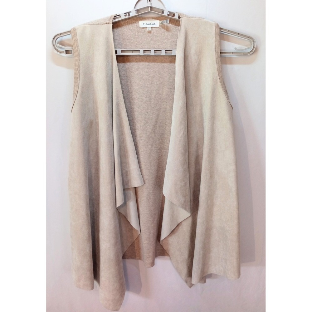 Calvin Klein Women's Draped Faux Suede Open Vest Sweater Back, Large, Beige Boho